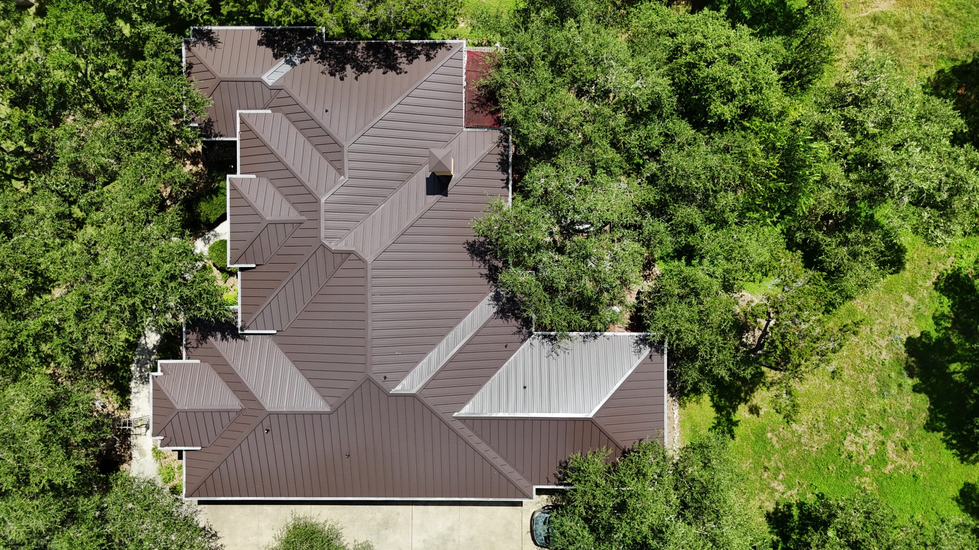 Brown standing seam metal roof from above